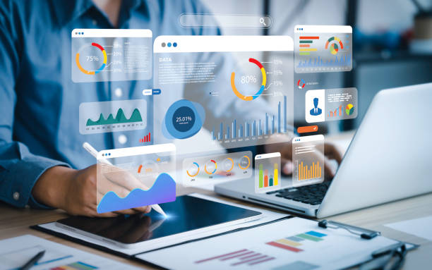 an analyst uses a computer and dashboard for data business analysis and data management system with kpi and metrics connected to the database for technology finance, operations, sales, marketing - 金融 個照片及圖片檔