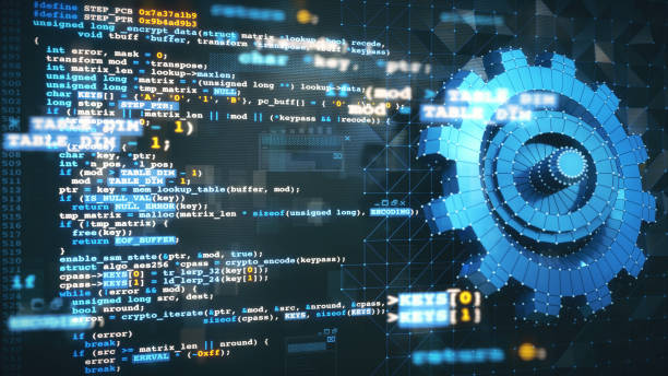 virtual reality computer design and development concept with c/c++ programming language code, computer data and a blue 3d mesh gear model blueprint. - 系統(tǒng)軟件 個(gè)照片及圖片檔